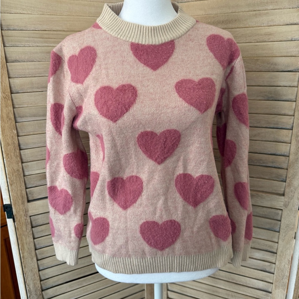 Heart Graphic Patterned Pink and Cream crew-neck Sweater Romantic Feminine